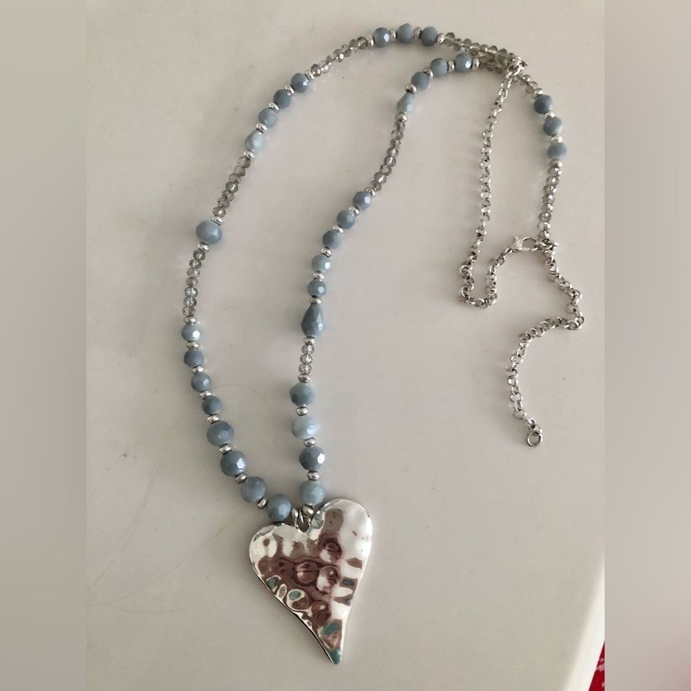 Silver Heart Pendant Necklace with Blue Beads